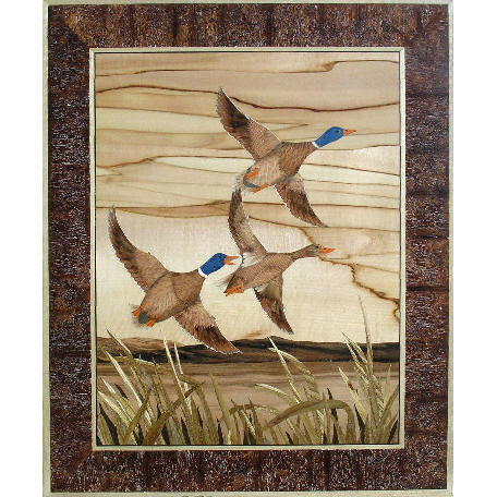 marquetry picture of ducks in flight
