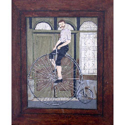 marquetry picture of a man on a penny-farthing bicycle