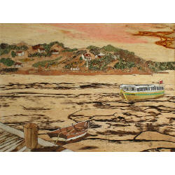 miniature marquetry picture of small ferry boat