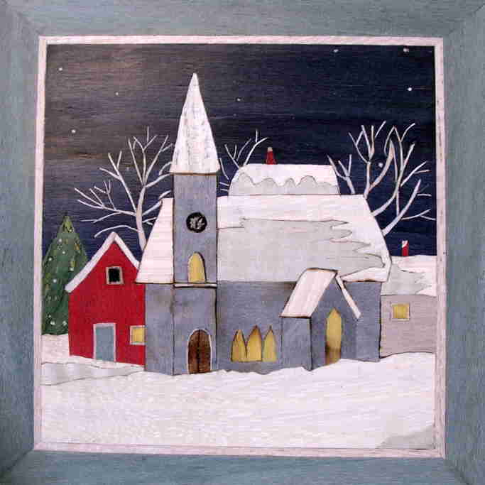 marquetry picture of a church in the snow